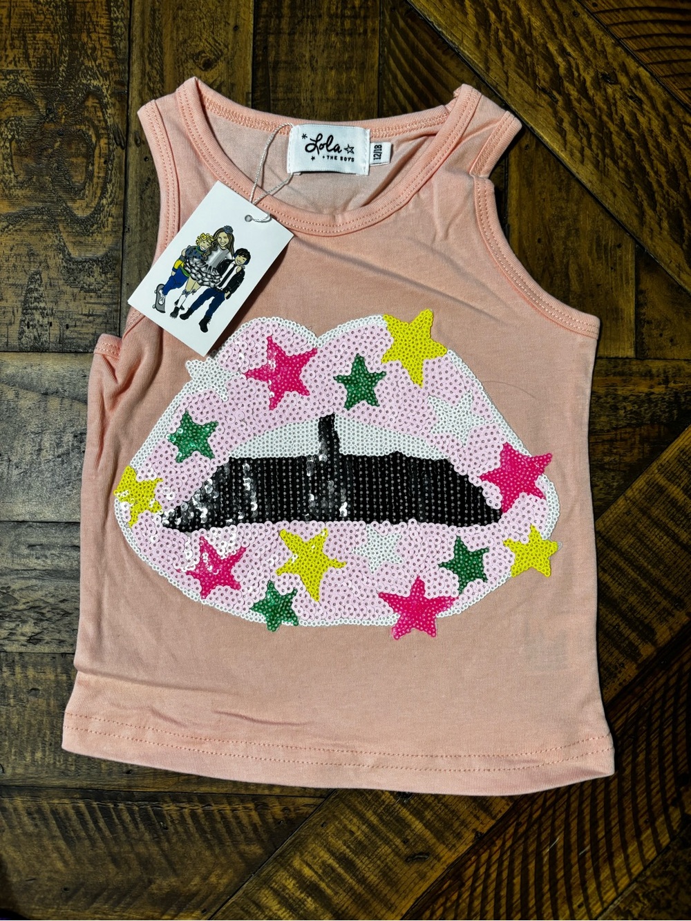 Lola + The Boys Peach Tank with Sequin Lips & Colorful Stars